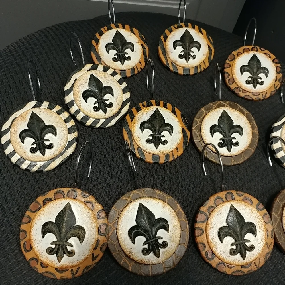 NEW Fleur De Lis Animal Print Shower Curtain Hooks 12 pc